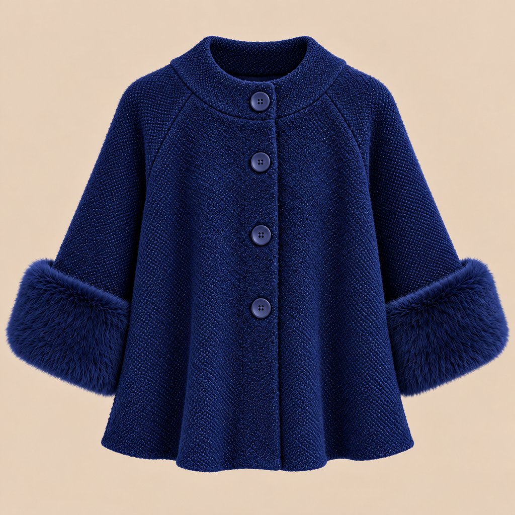 Knit Cape Jacket With Faux Fur Cuffs in Black, product front view