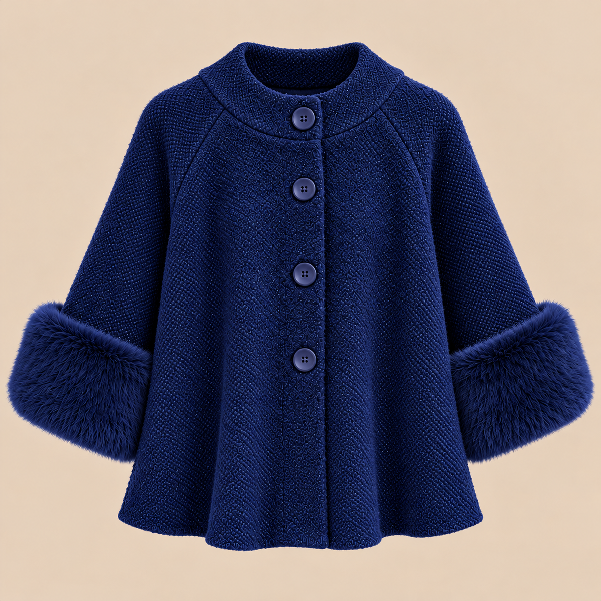 Knit Cape Jacket With Faux Fur Cuffs in Black, product front view