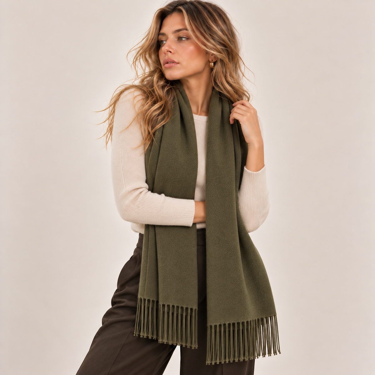 Classic Fringed Winter Scarf in Olive, front view