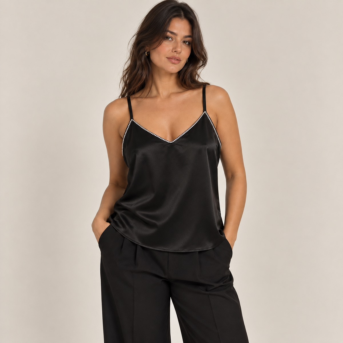 Rhinestone Trim Satin Cami Top in Black, front view