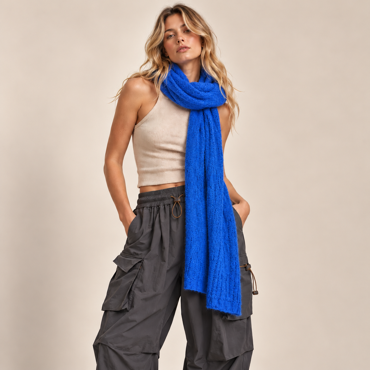 Fuzzy Ribbed Knit Scarf in Cobalt Blue