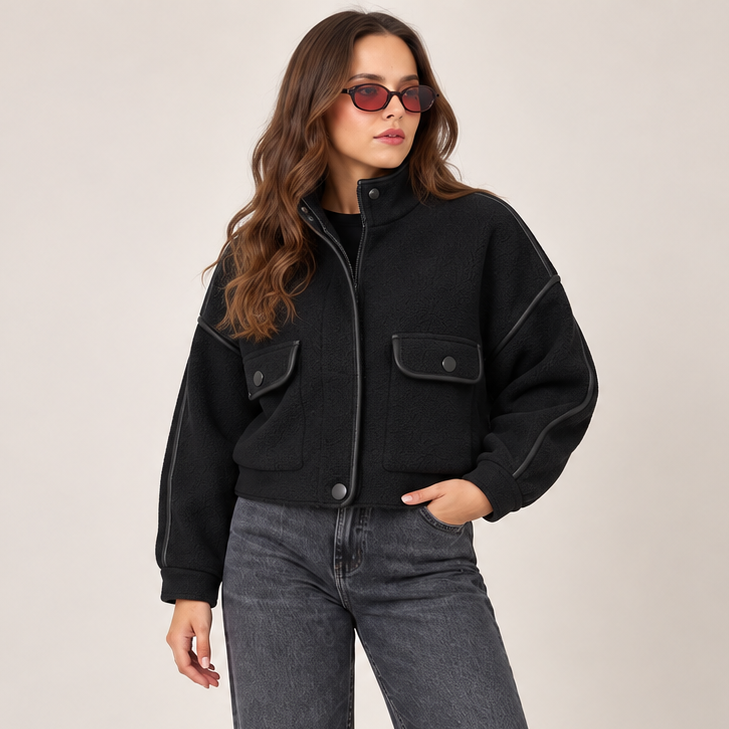Cropped Piping Detail Jacket in Black, front view