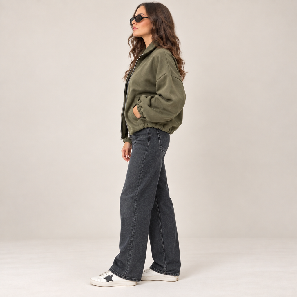 Oversized Bomber Jacket in Olive Green, side view