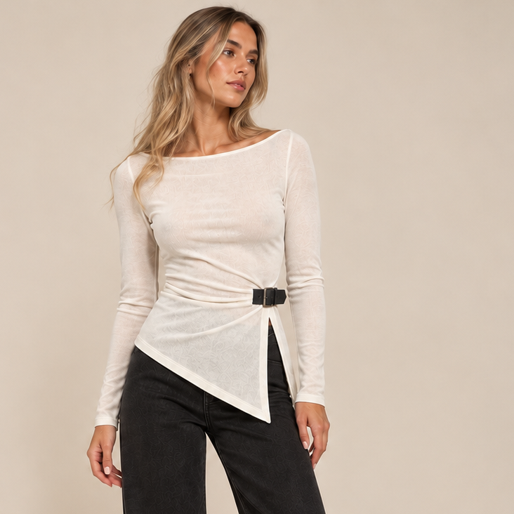 Asymmetric Buckle Knit Top in White, front view