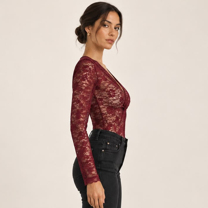 Sheer Lace Twist-Front Bodysuit in Burgundy, side view