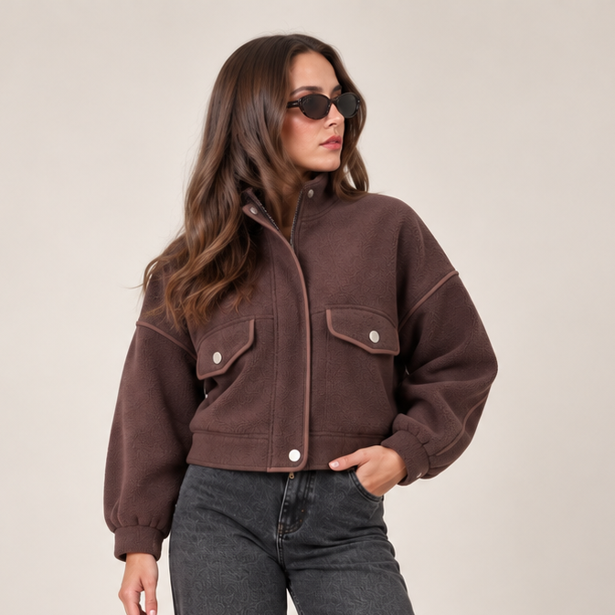 Cropped Piping Detail Jacket in Brown, front view