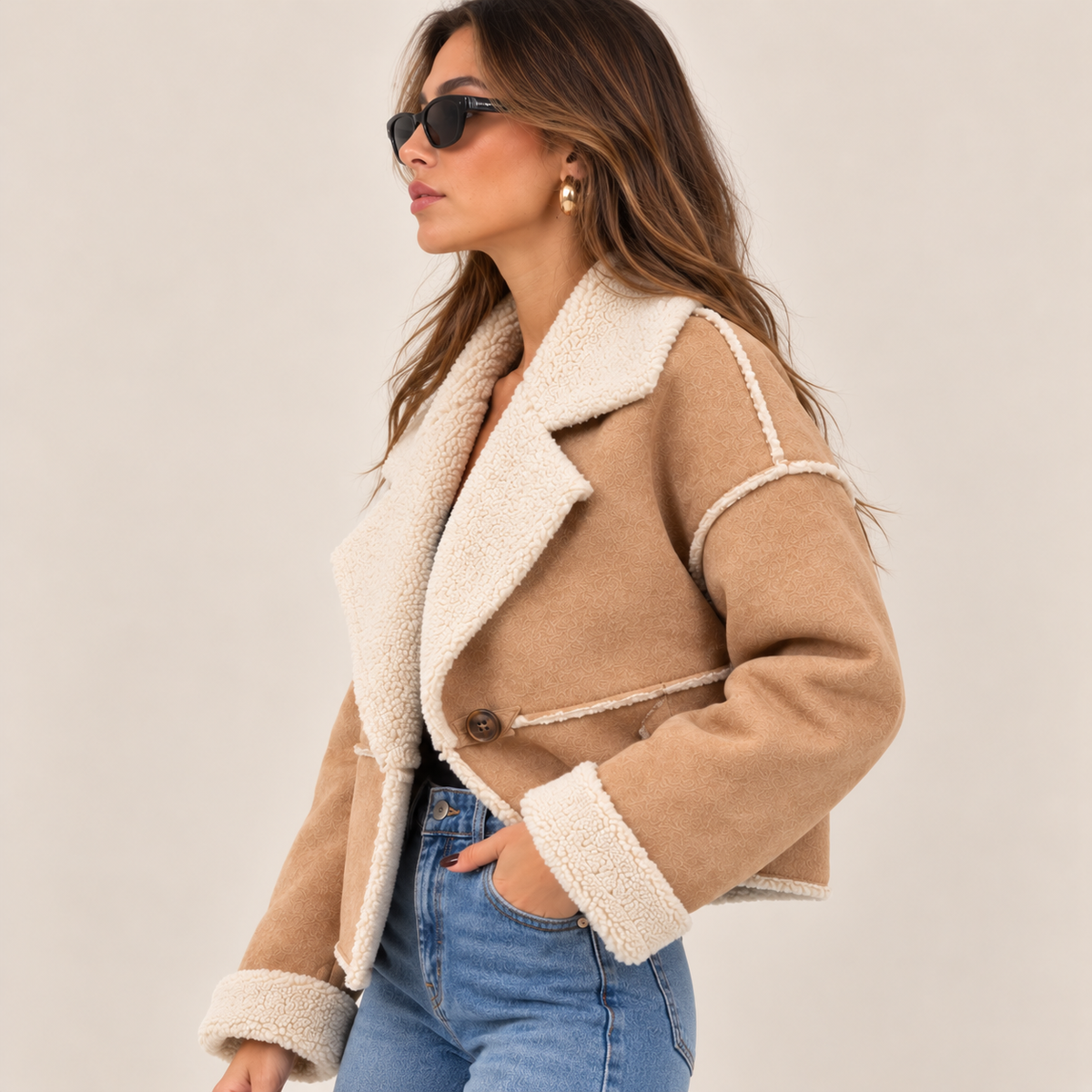 Suede-Effect Jacket With Faux Shearling Collar in Beige, side view
