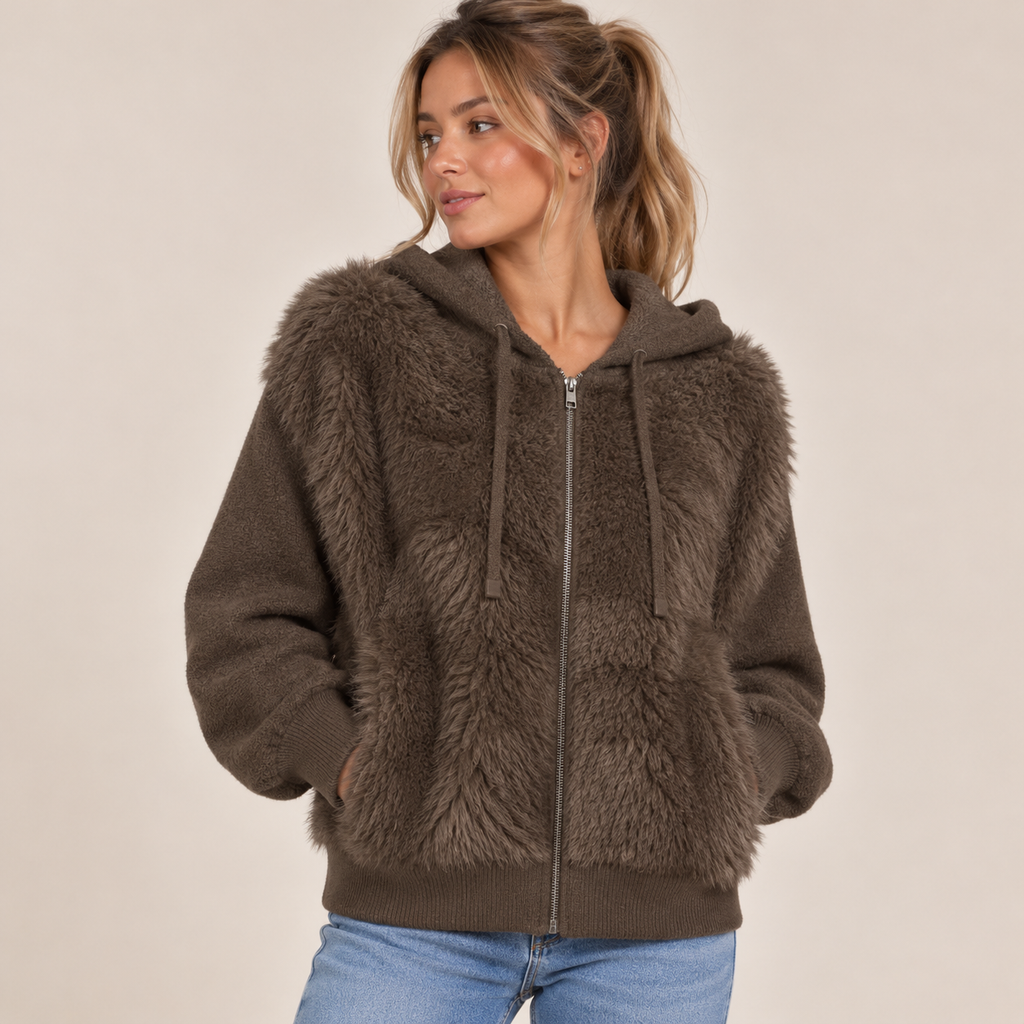 Faux Fur Hooded Zip-Up Jacket in Brown, front view