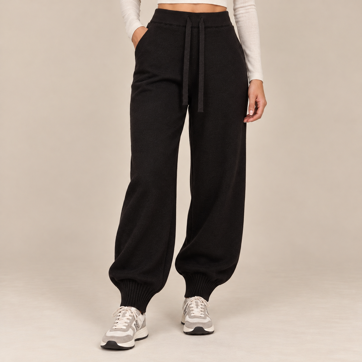 Knit Drawstring Joggers in Black, front view