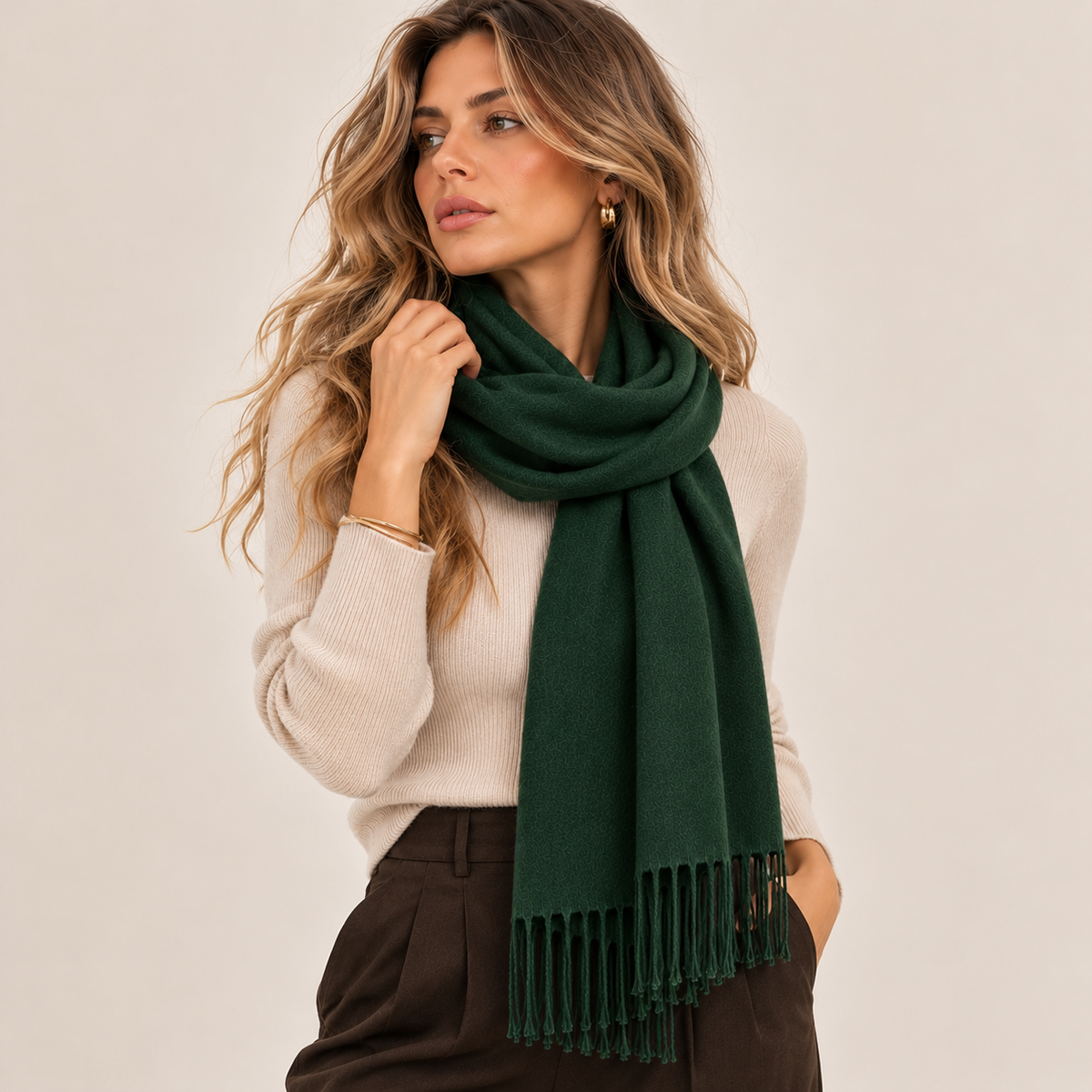 Classic Fringed Winter Scarf in Dark Green, front view
