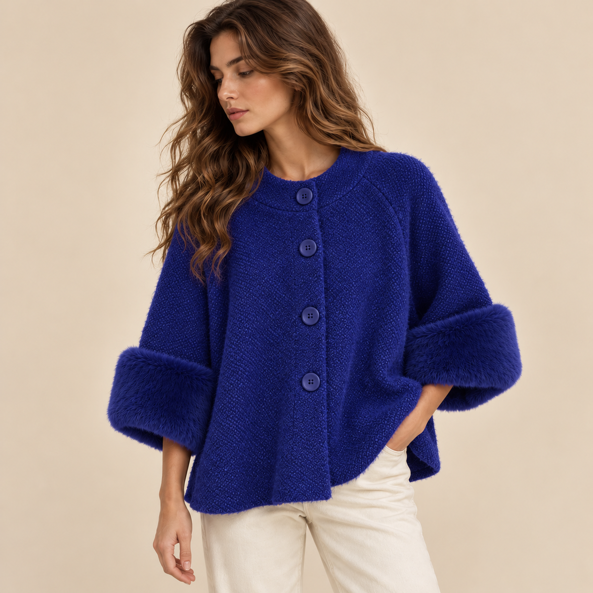 Knit Cape Jacket With Faux Fur Cuffs in Blue, model front view