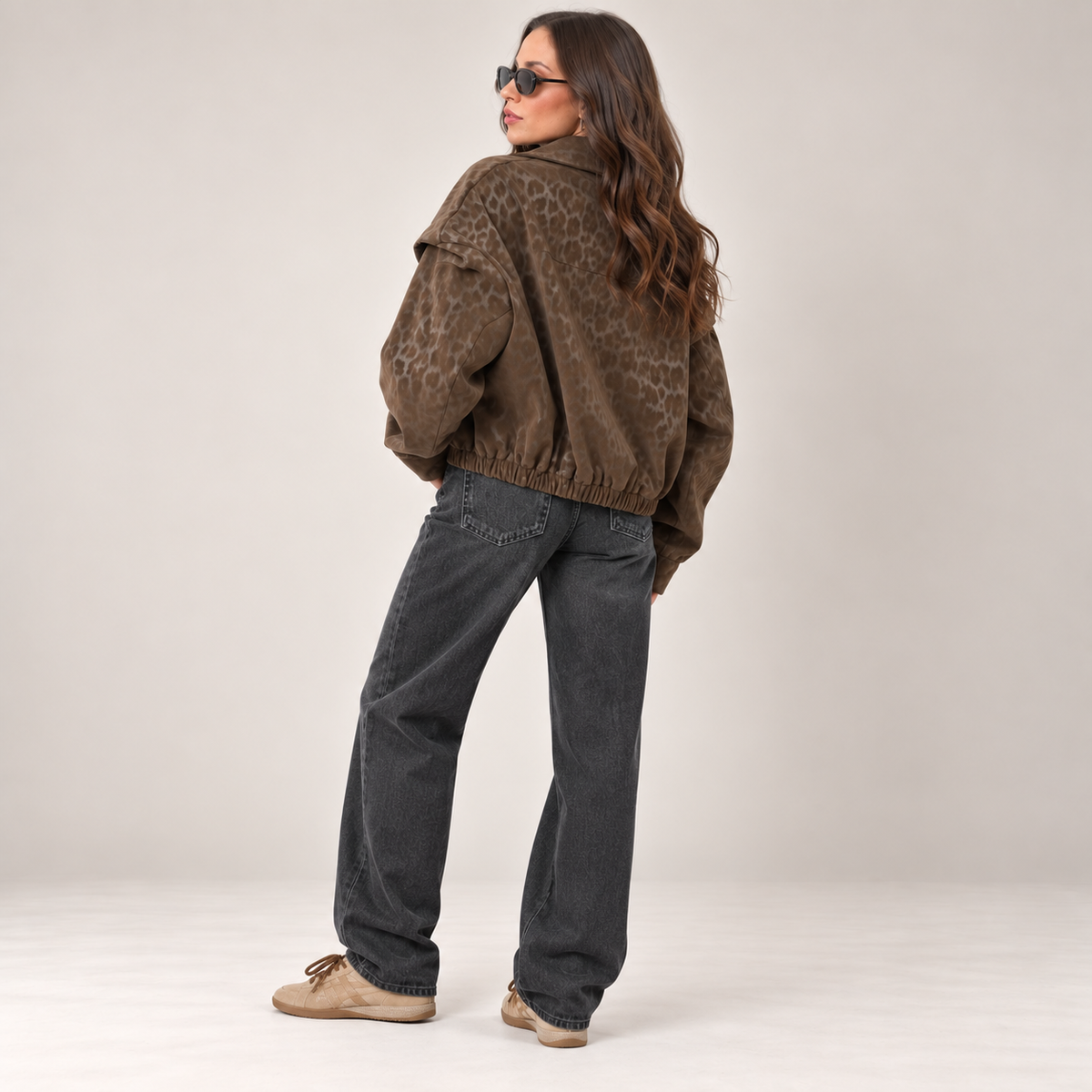 Cropped Tonal Leopard Jacket in Brown, back view