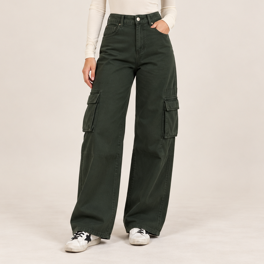 Wide-Leg Cargo Jeans in Olive Green, front view
