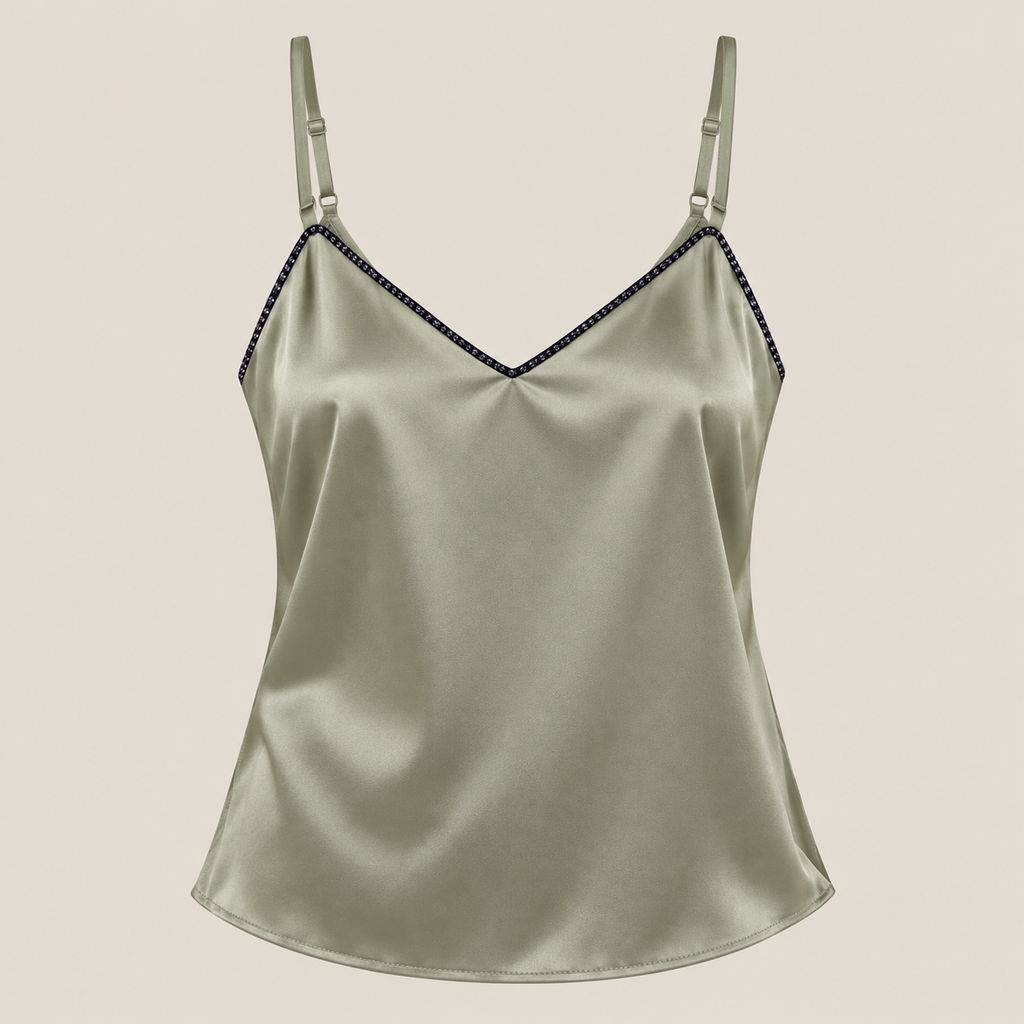 Rhinestone Trim Satin Cami Top in Sage Green, product view