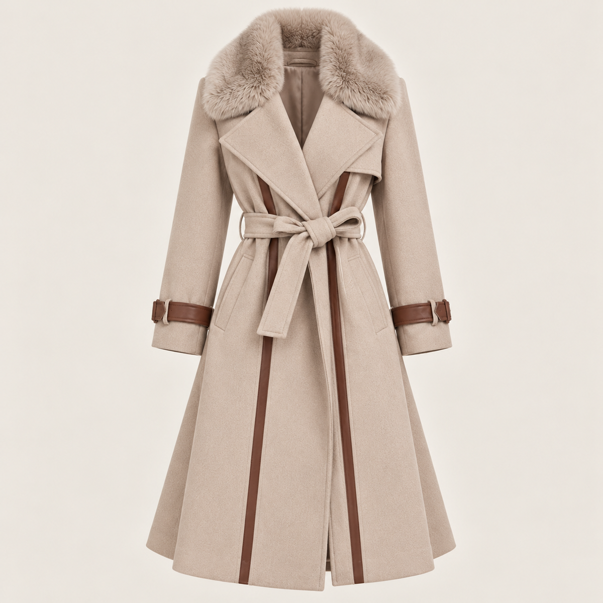 Belted Faux Fur Collar Coat With Contrast Piping in Beige, product view