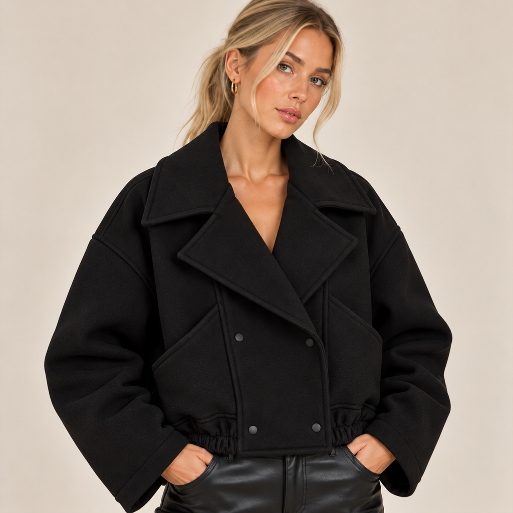 Cropped Double-Breasted Jacket With Wide Lapels in Black, front view