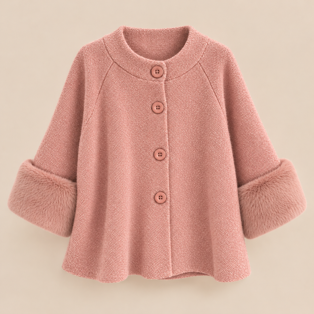 Knit Cape Jacket With Faux Fur Cuffs in Pink, product front view