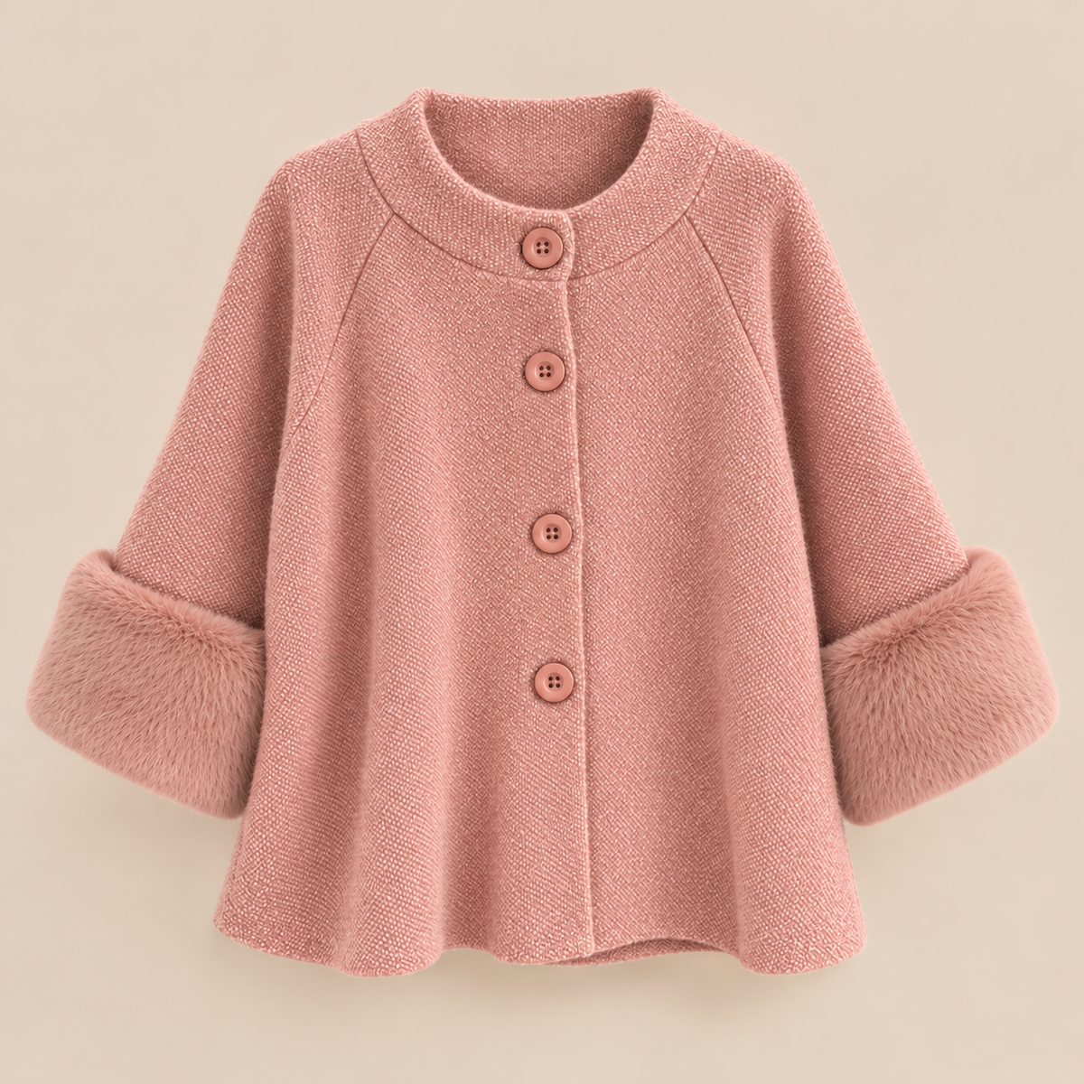 Knit Cape Jacket With Faux Fur Cuffs in Pink, product front view