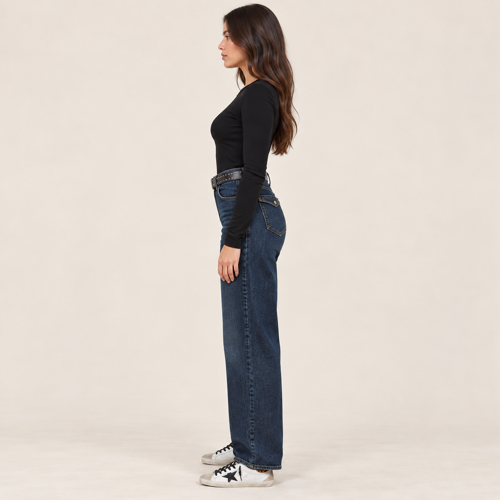 Dark Blue Wide-Leg Jeans With Studded Belt, side view