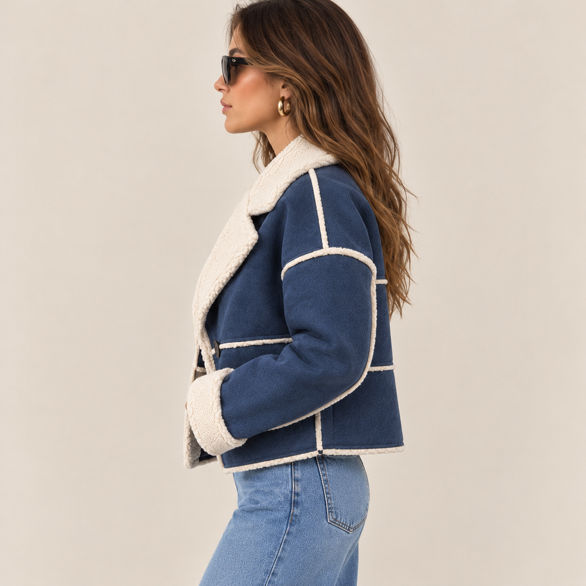 Suede-Effect Jacket With Faux Shearling Collar in Blue, side view