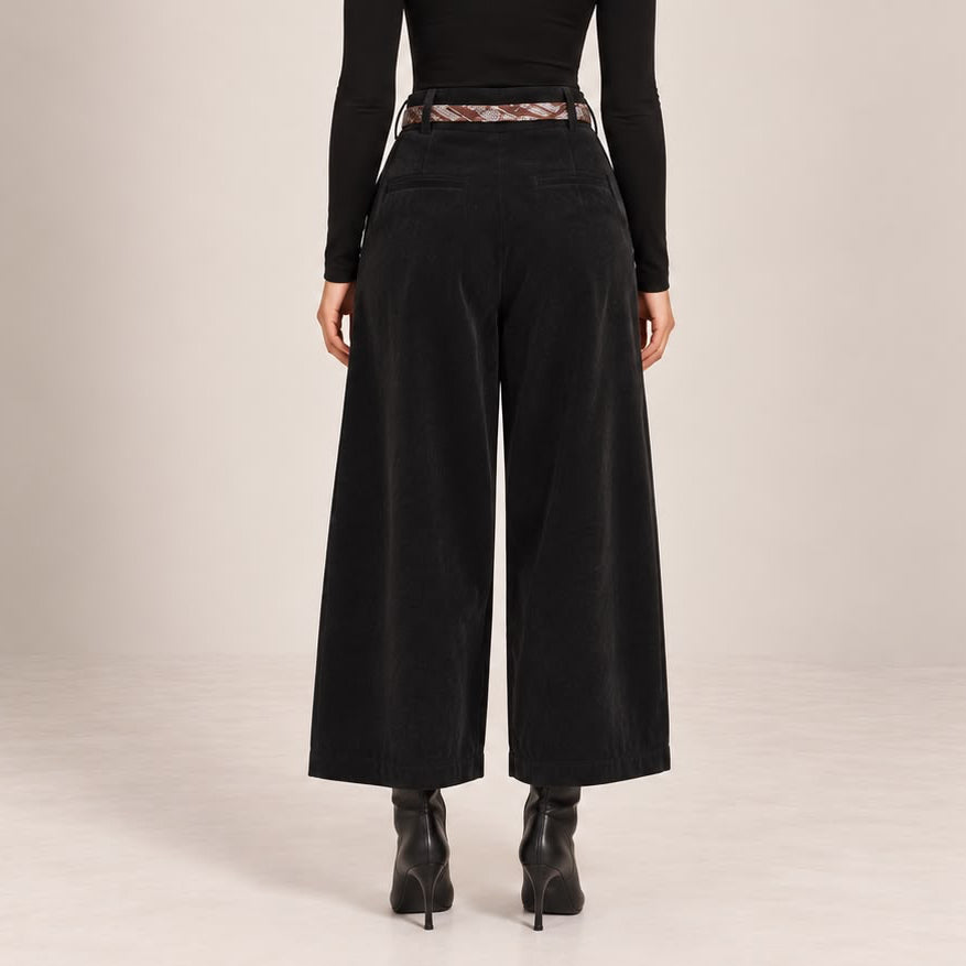 Velvet-Touch Wide-Leg Pants With Scarf Belt in Black, back view
