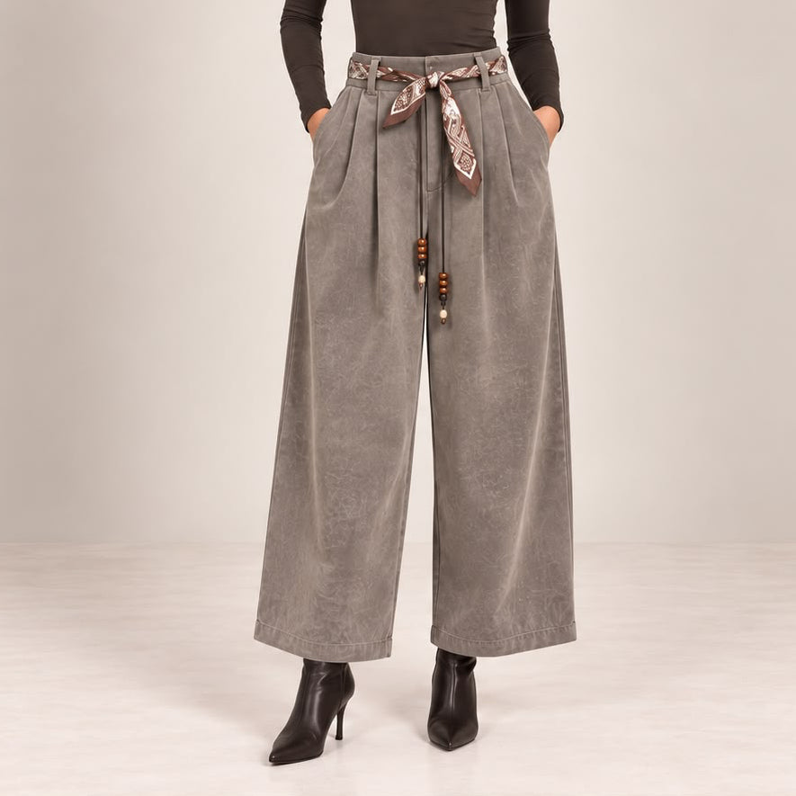 Velvet-Touch Wide-Leg Pants With Scarf Belt in Taupe, front view