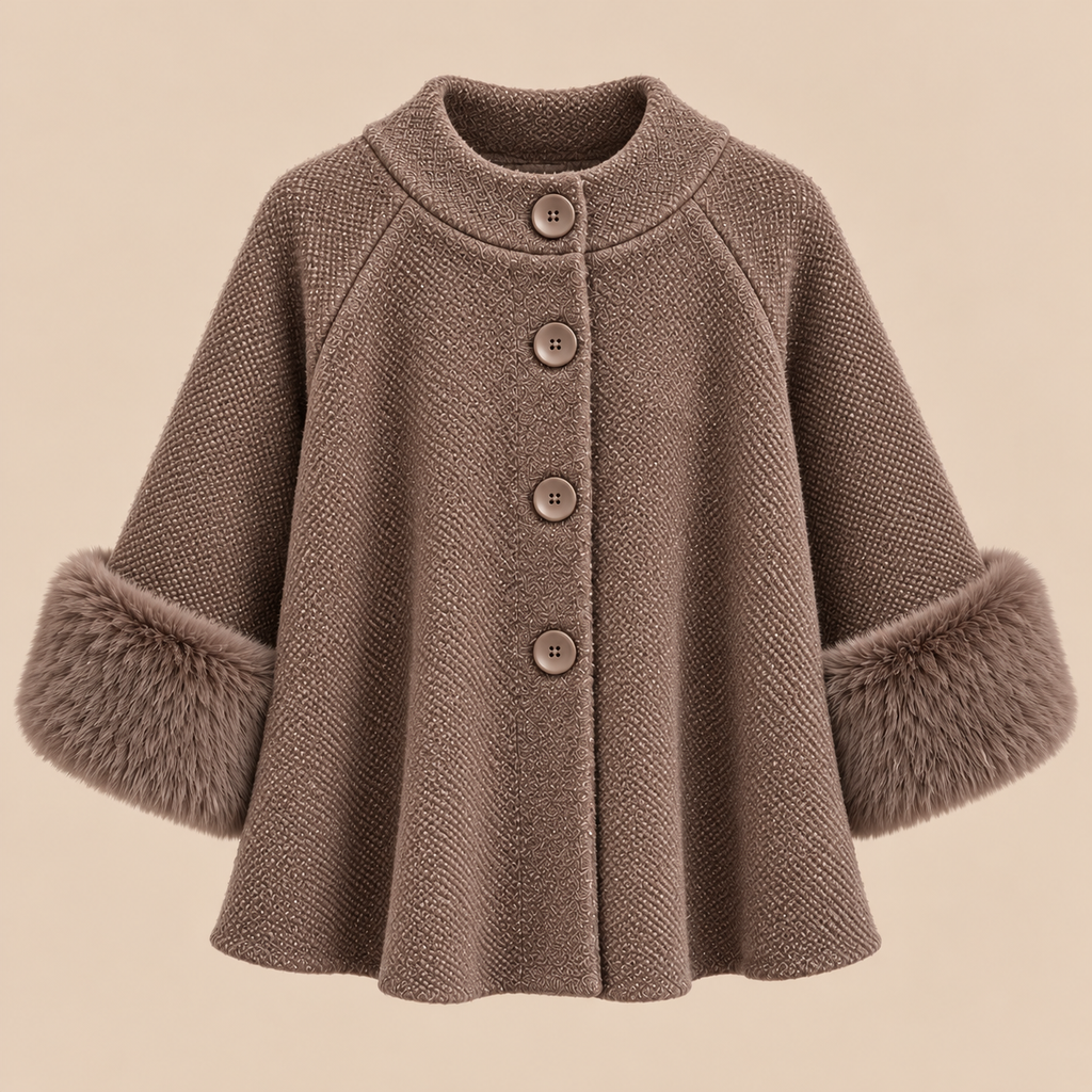 Knit Cape Jacket With Faux Fur Cuffs in Brown, product front view