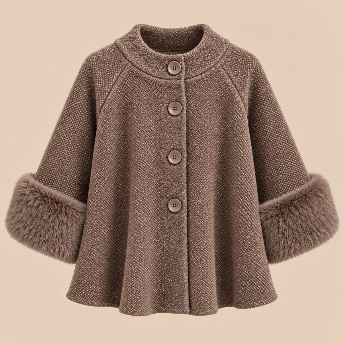 Knit Cape Jacket With Faux Fur Cuffs in Brown, product front view