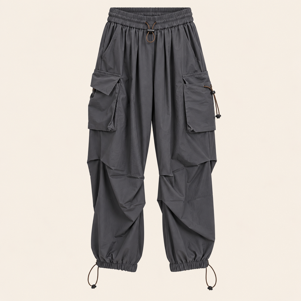 Ruched-Knee Utility Cargo Pants in Grey, product view