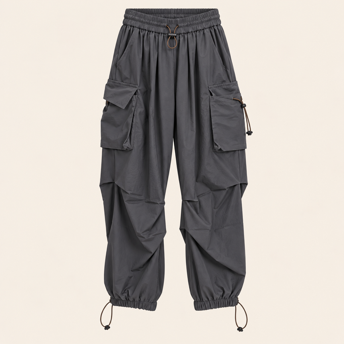 Ruched-Knee Utility Cargo Pants in Grey, product view