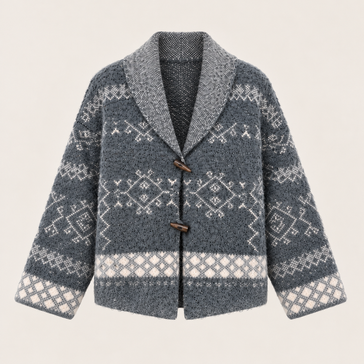Nordic Knit Shawl Collar Cardigan in Grey and White, product view