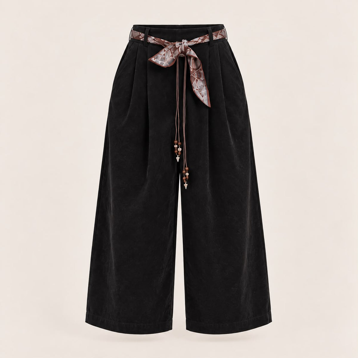 Velvet-Touch Wide-Leg Pants With Scarf Belt in Black, product view