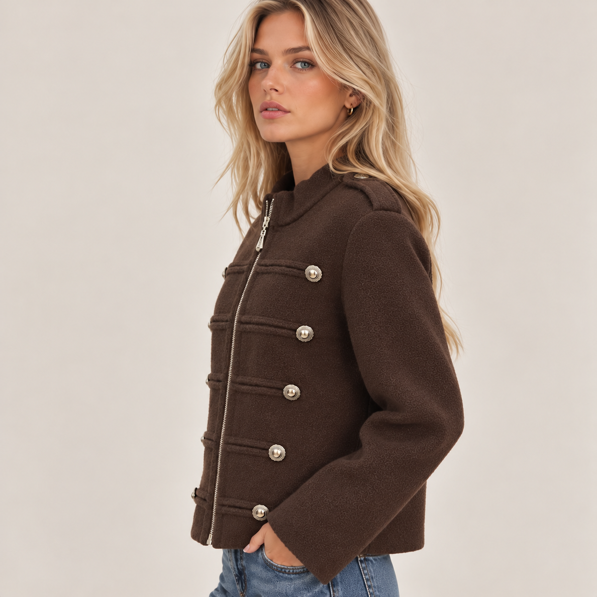 Military-Style Epaulette Jacket in Brown, side view