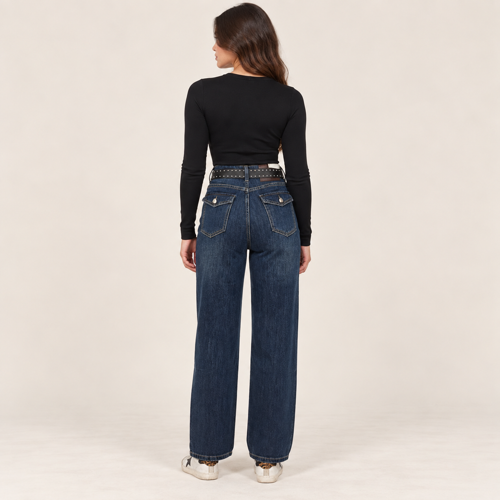 Dark Blue Wide-Leg Jeans With Studded Belt, back view