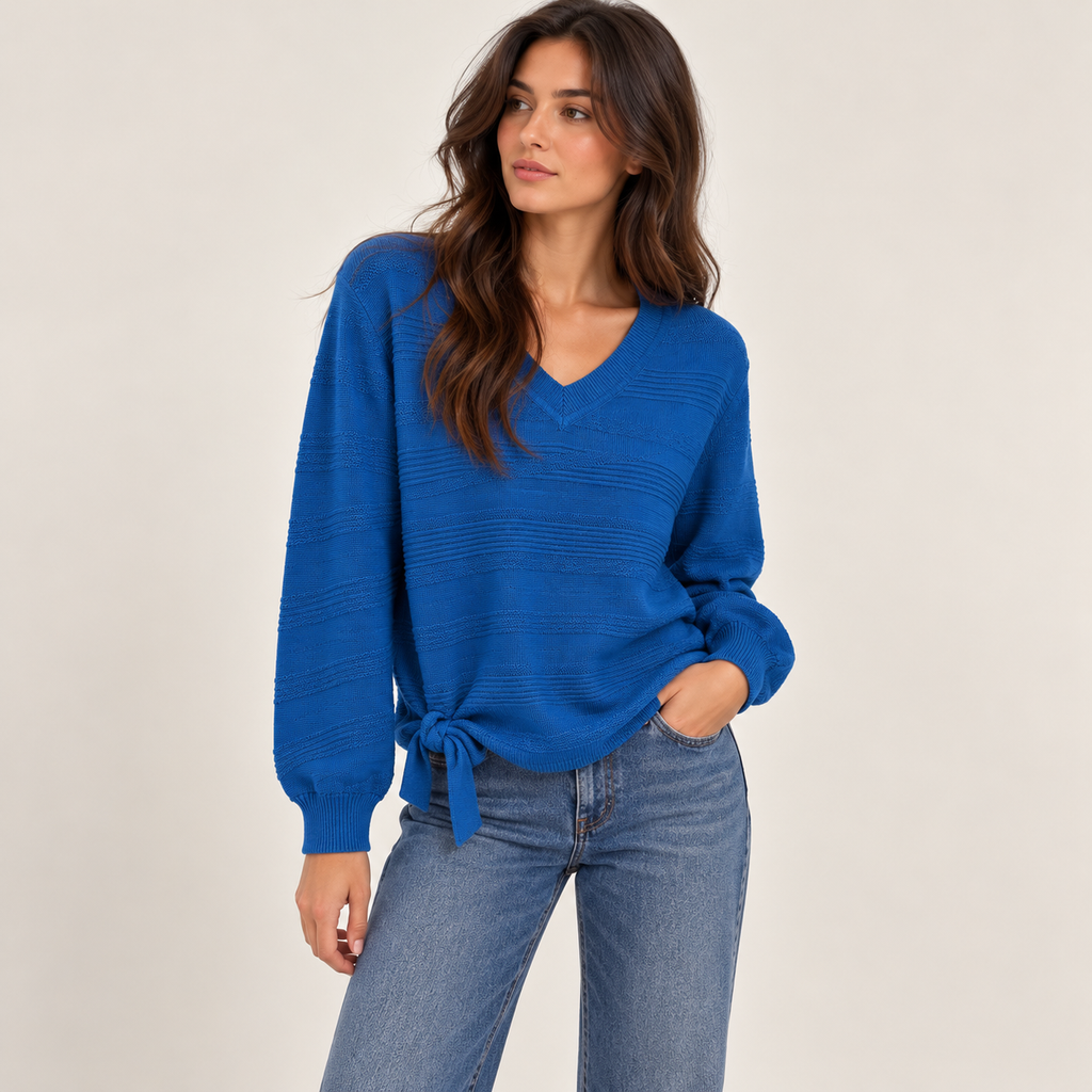 Side-Tie Textured V-Neck Sweater in Blue, model view
