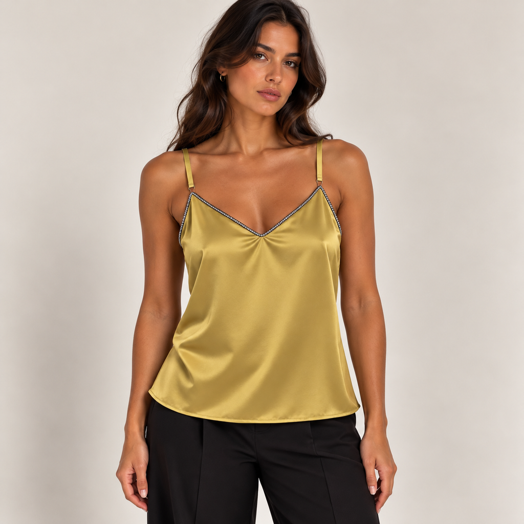 Rhinestone Trim Satin Cami Top in Mustard, front view