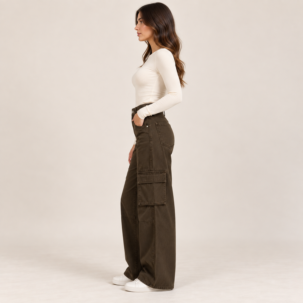 Wide-Leg Cargo Jeans in Brown, side view