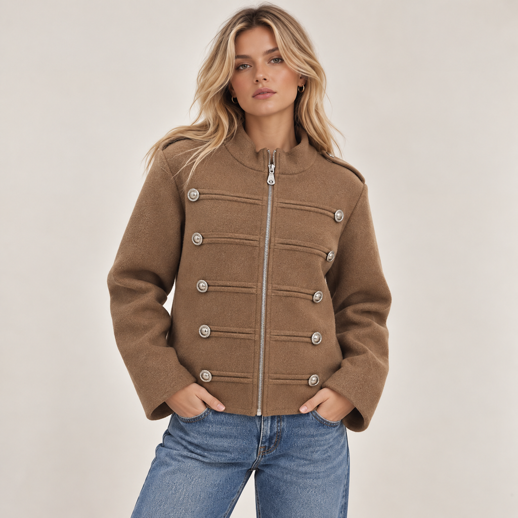 Military-Style Epaulette Jacket in Camel, front view
