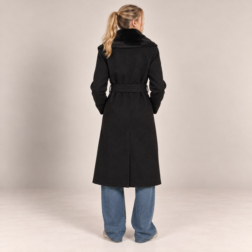 Faux Fur Collar Coat in Black, back view