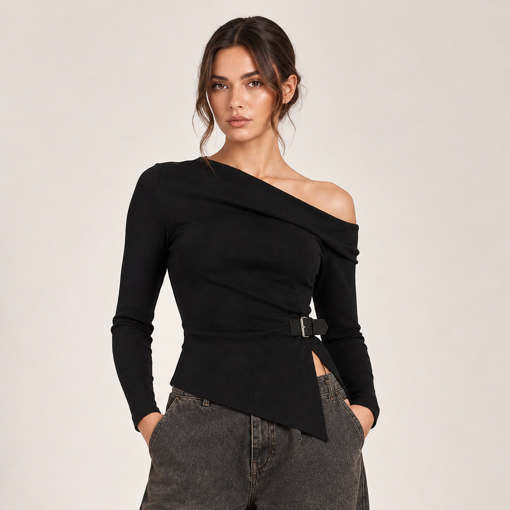 Asymmetric Buckle Knit Top in Black, front view