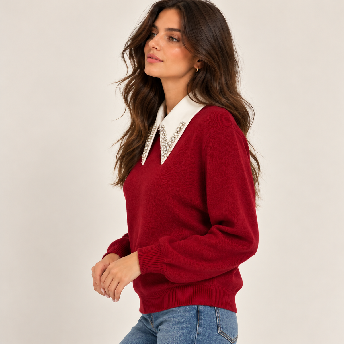 Embellished Collar Knit Sweater in Red, side view
