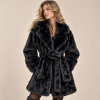 Belted Faux Fur Coat With Wide Lapels in Black, model front view