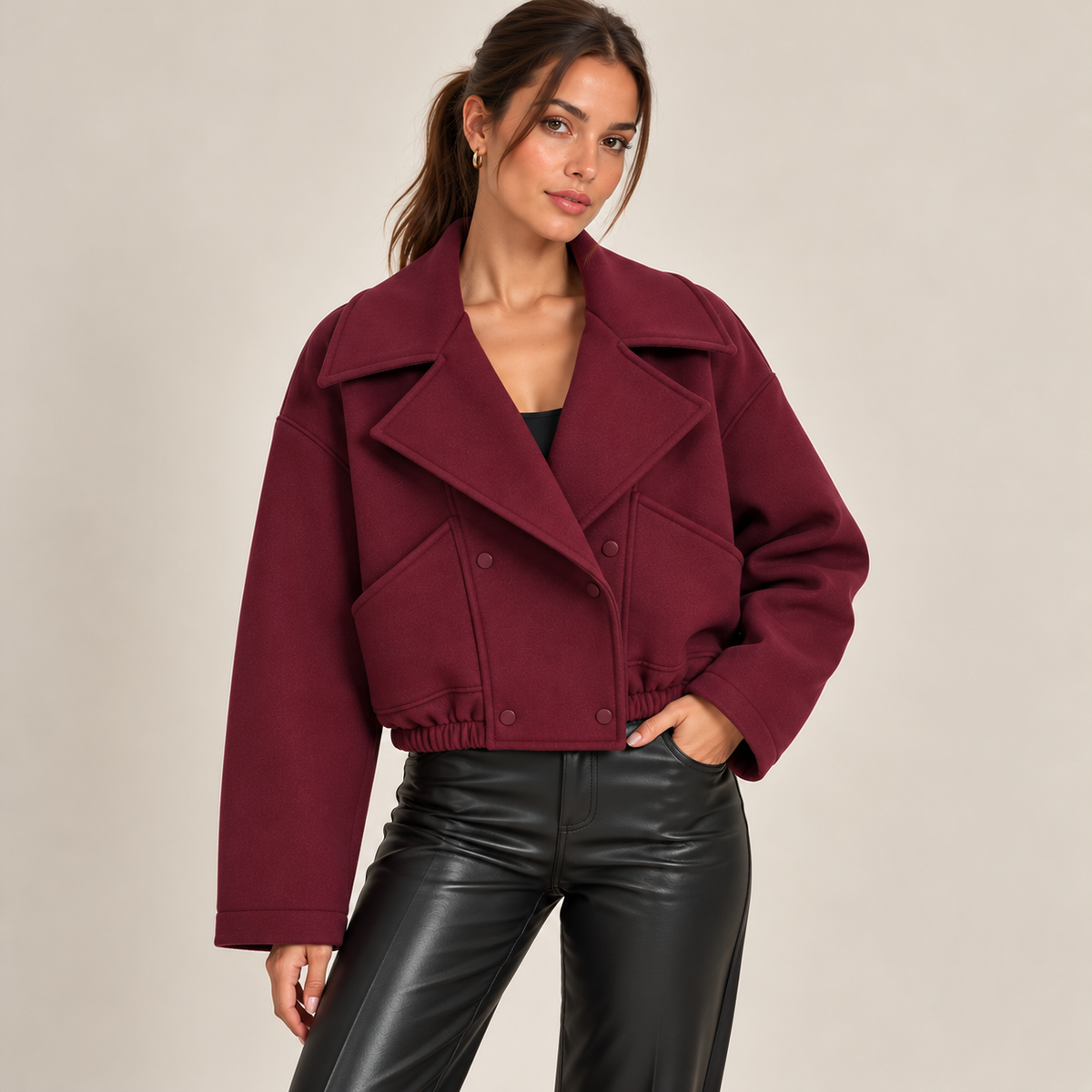 Cropped Double-Breasted Jacket With Wide Lapels in Burgundy, front view