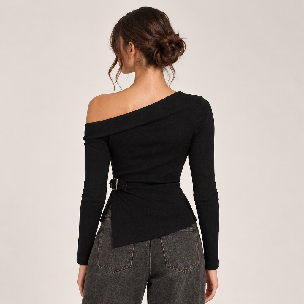 Asymmetric Buckle Knit Top in Black, back view