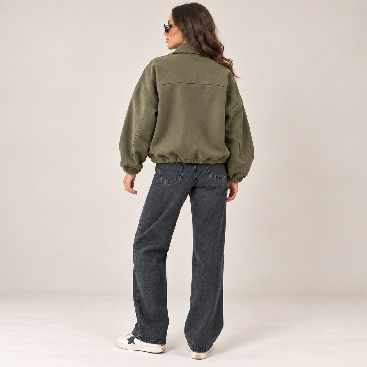 Oversized Bomber Jacket in Olive Green, back view
