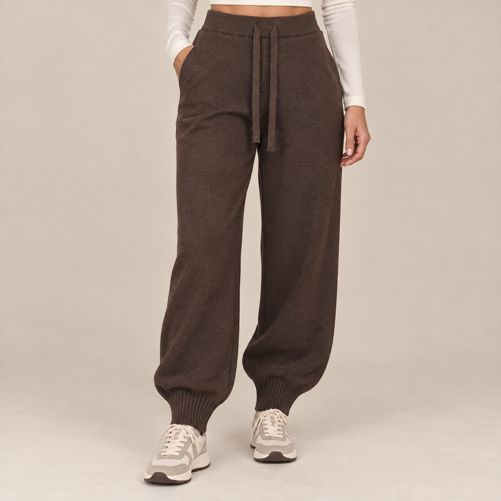 Knit Drawstring Joggers in Brown, front view