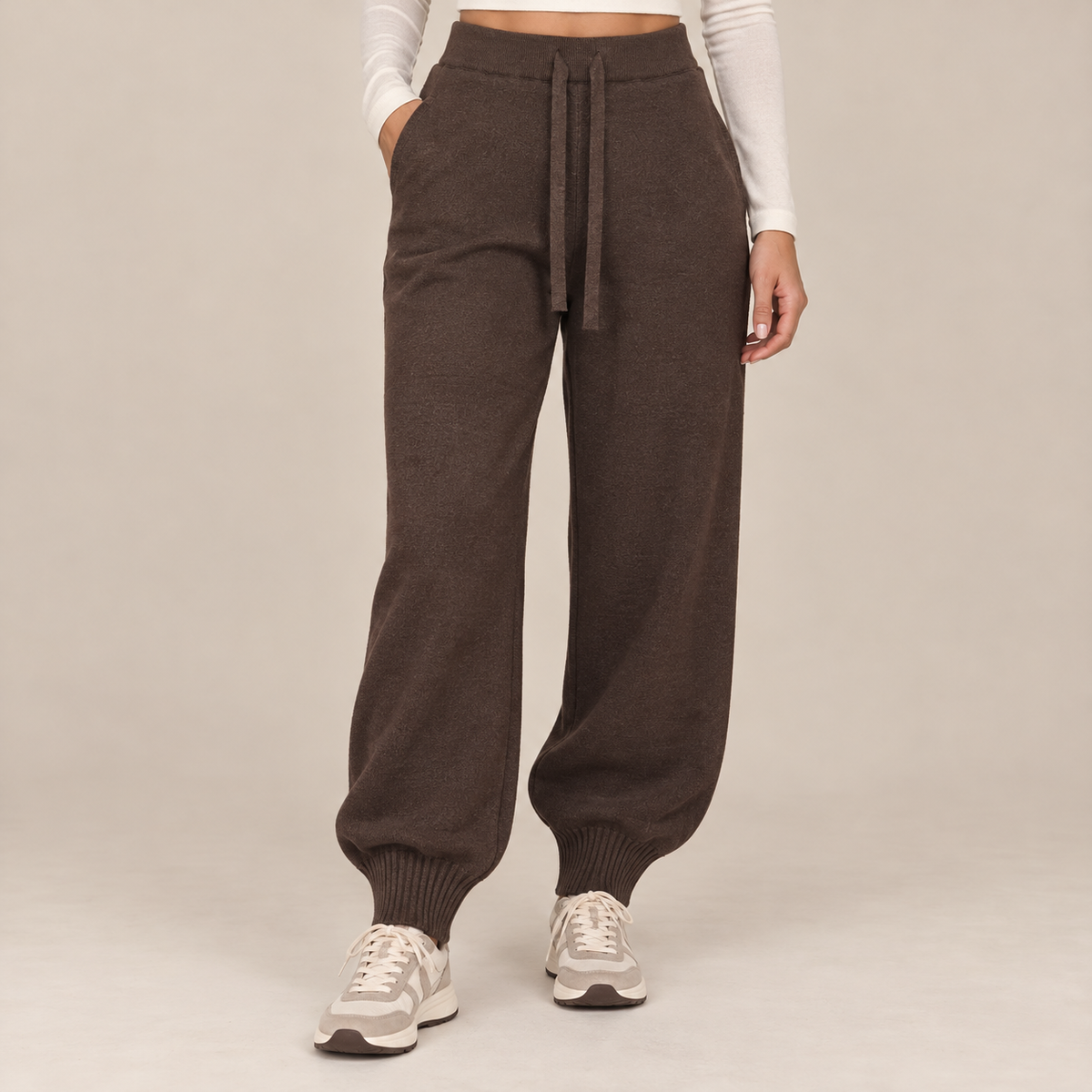 Knit Drawstring Joggers in Brown, front view