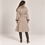 Belted Faux Fur Collar Coat With Contrast Piping in Beige, back view