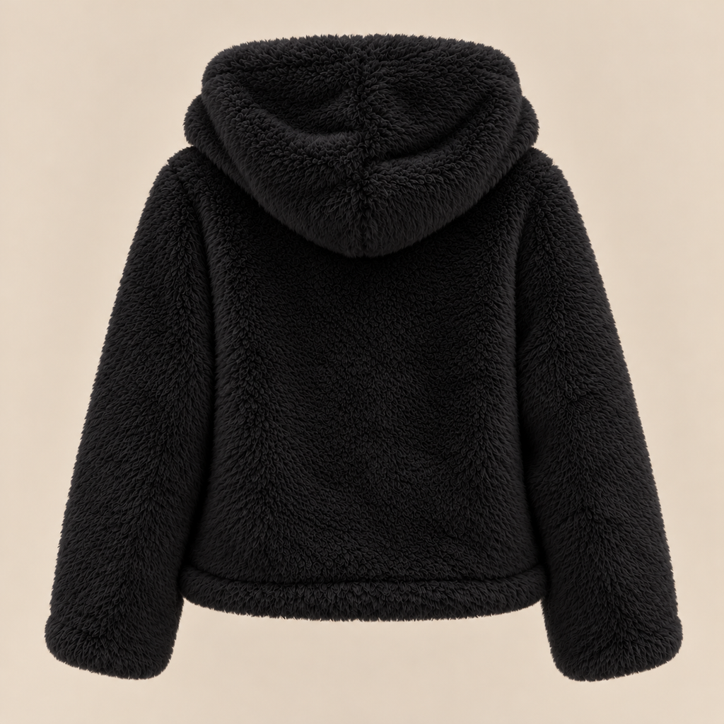 Plush Faux Fur Hooded Jacket in Black, product back view