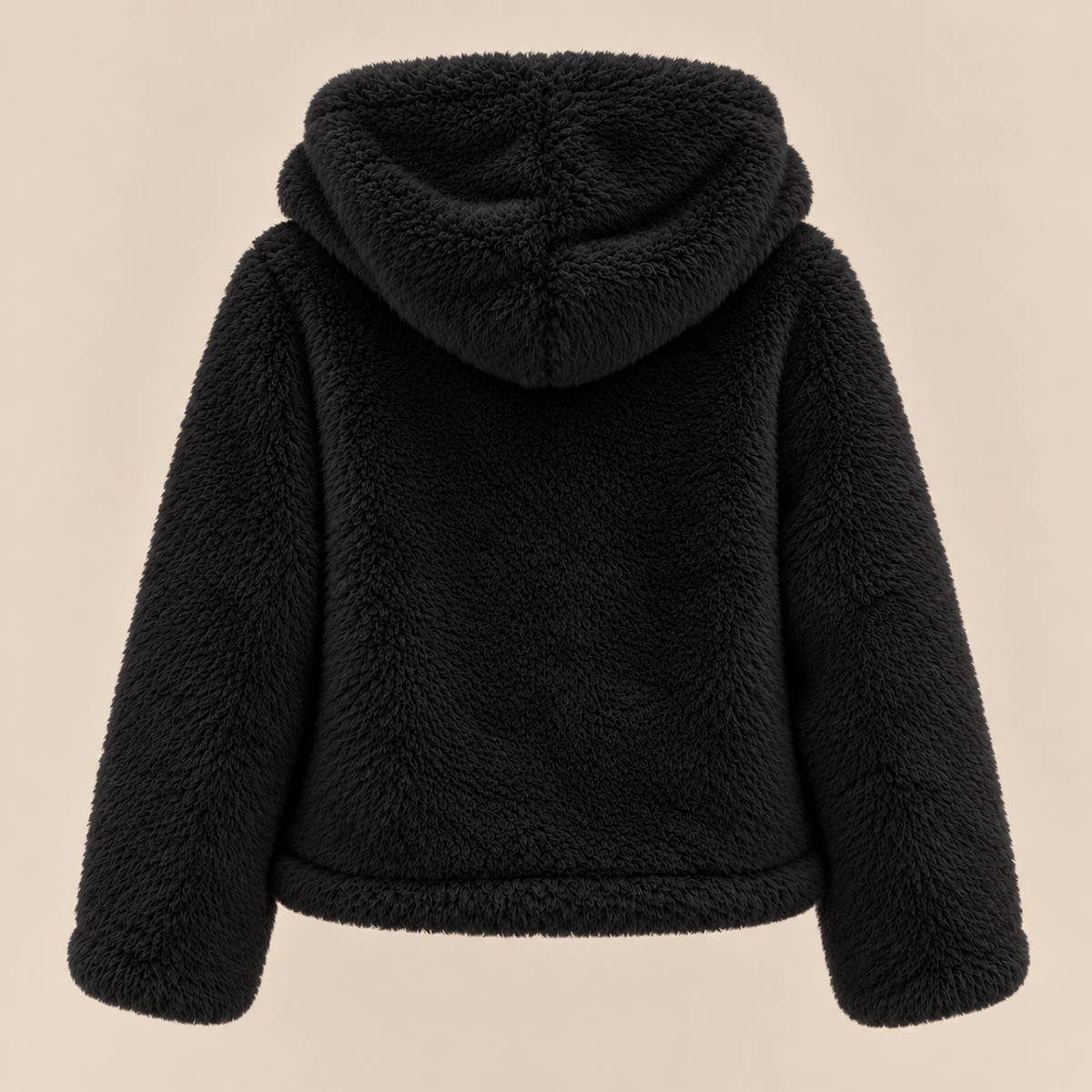Plush Faux Fur Hooded Jacket in Black, product back view